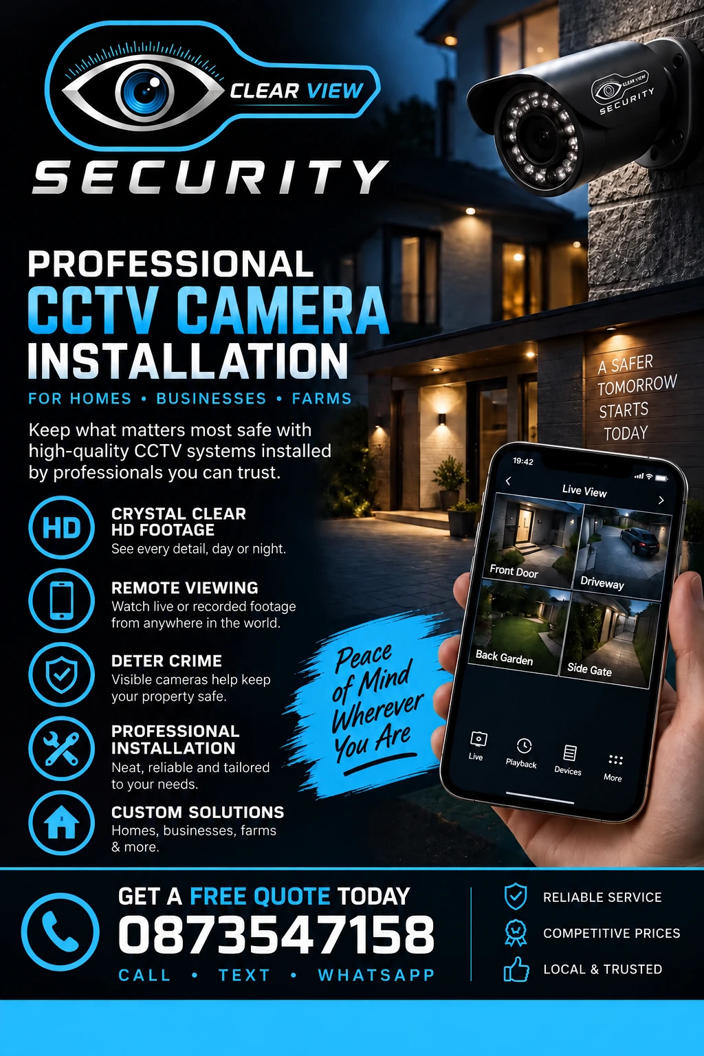 Clear View Security artwork showing CCTV cameras, mobile viewing and contact number 087 354 7158